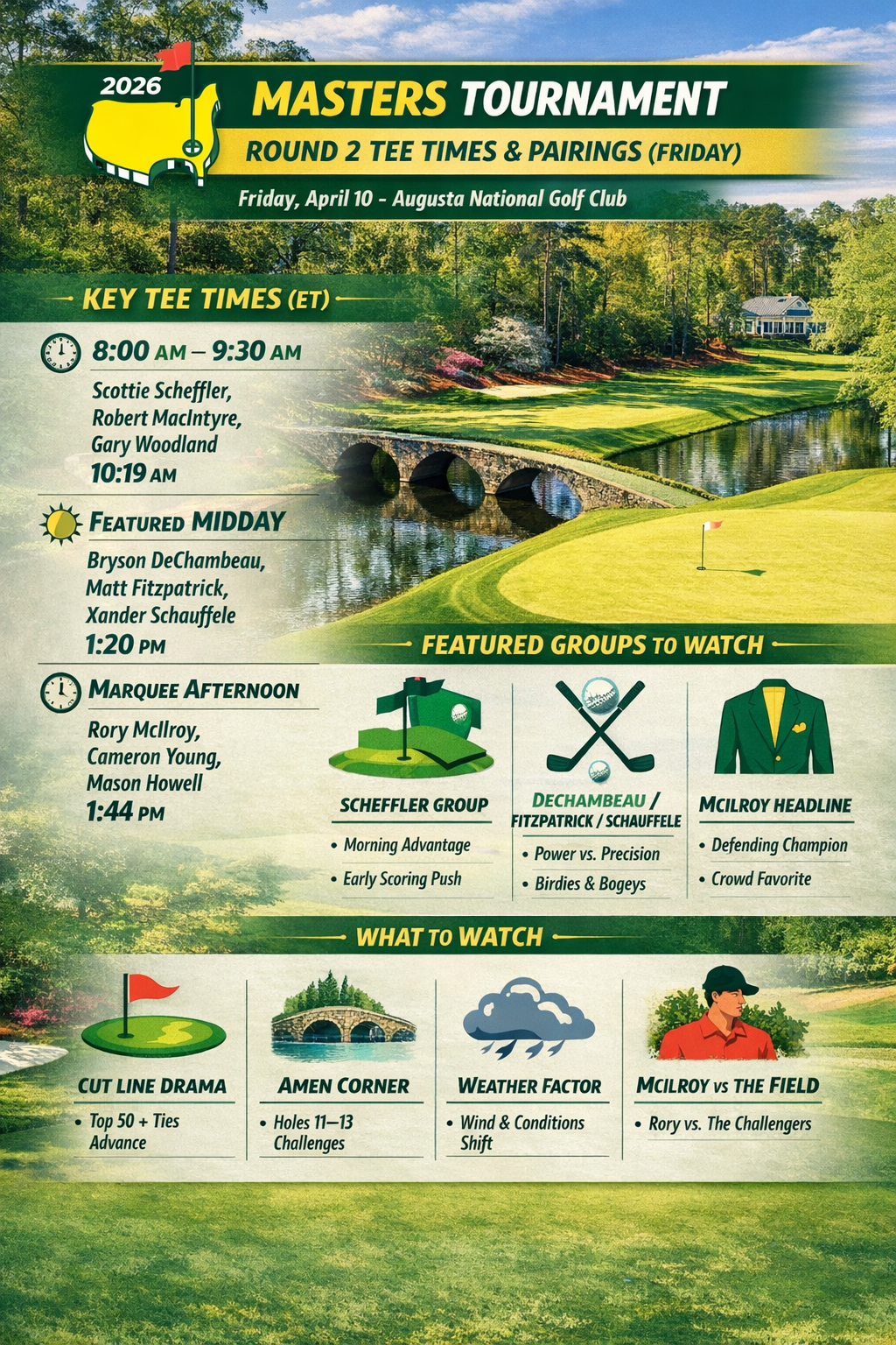 2026 Masters Tournament Round 2 Tee Times and Pairings (Friday): Full Schedule, Featured Groups and What to Watch