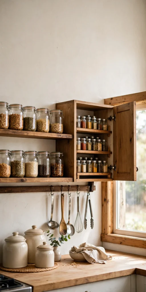Small kitchen organization ideas — open wooden shelves with labeled glass jars, a door spice rack and ceramic canisters