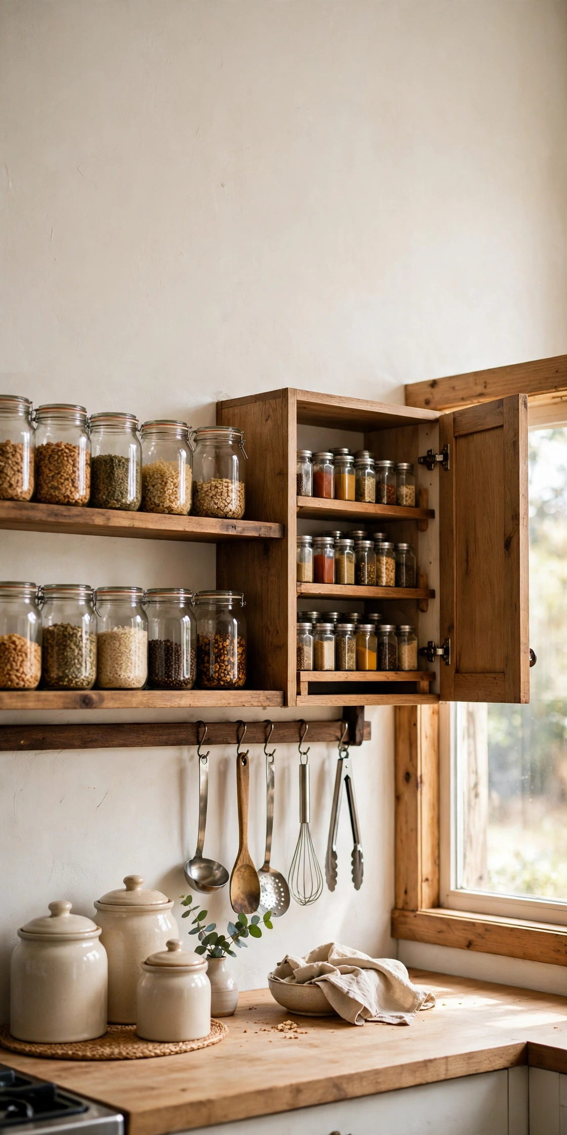 Small kitchen organization ideas — open wooden shelves with labeled glass jars, a door spice rack and ceramic canisters