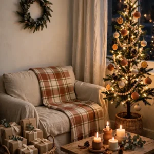 Cozy Christmas decor ideas for small spaces — a warm small living room with a Christmas tree, garlands and soft lights