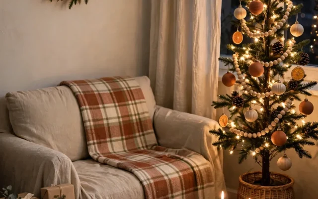 Cozy Christmas decor ideas for small spaces — a warm small living room with a Christmas tree, garlands and soft lights