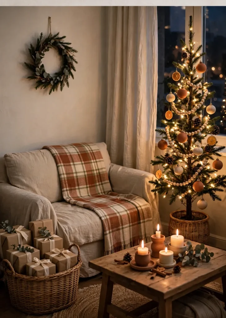 Cozy Christmas decor ideas for small spaces — a warm small living room with a Christmas tree, garlands and soft lights