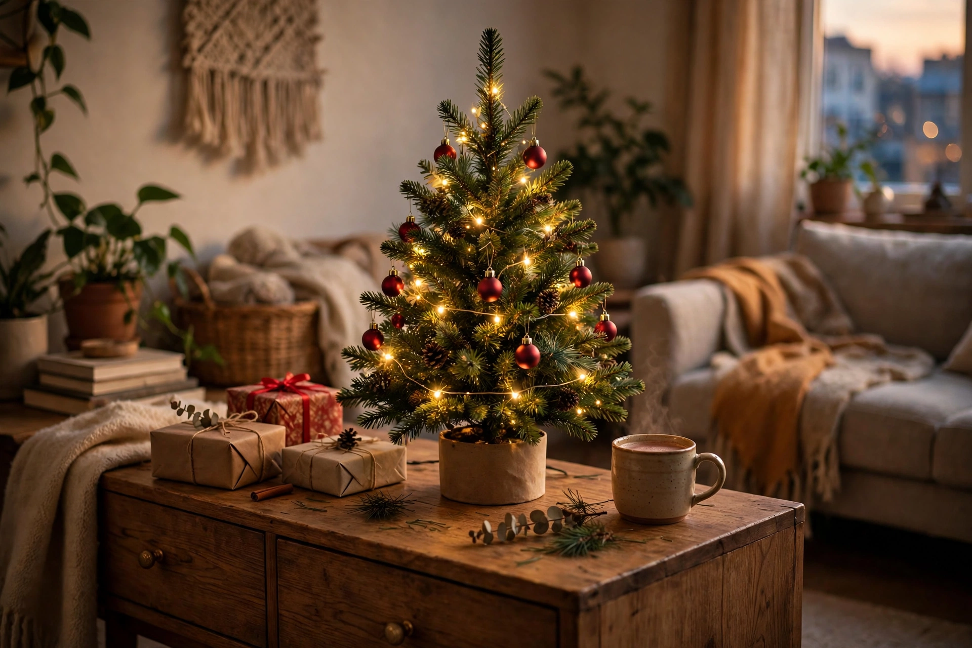 Mini tabletop Christmas tree on a sideboard in a small apartment