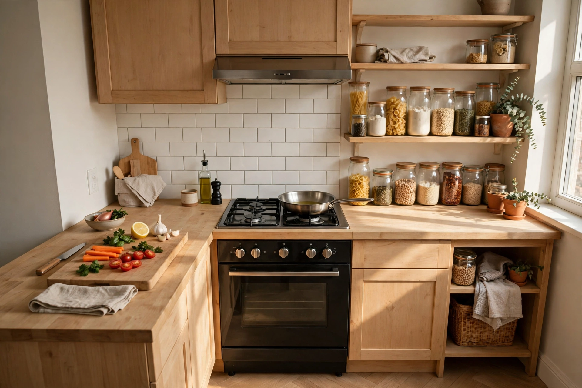 Small kitchen organized into prep, cooking and storage zones