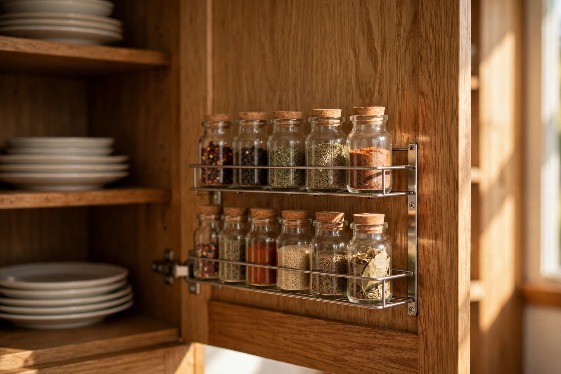 Cabinet door spice rack saving space in a small kitchen