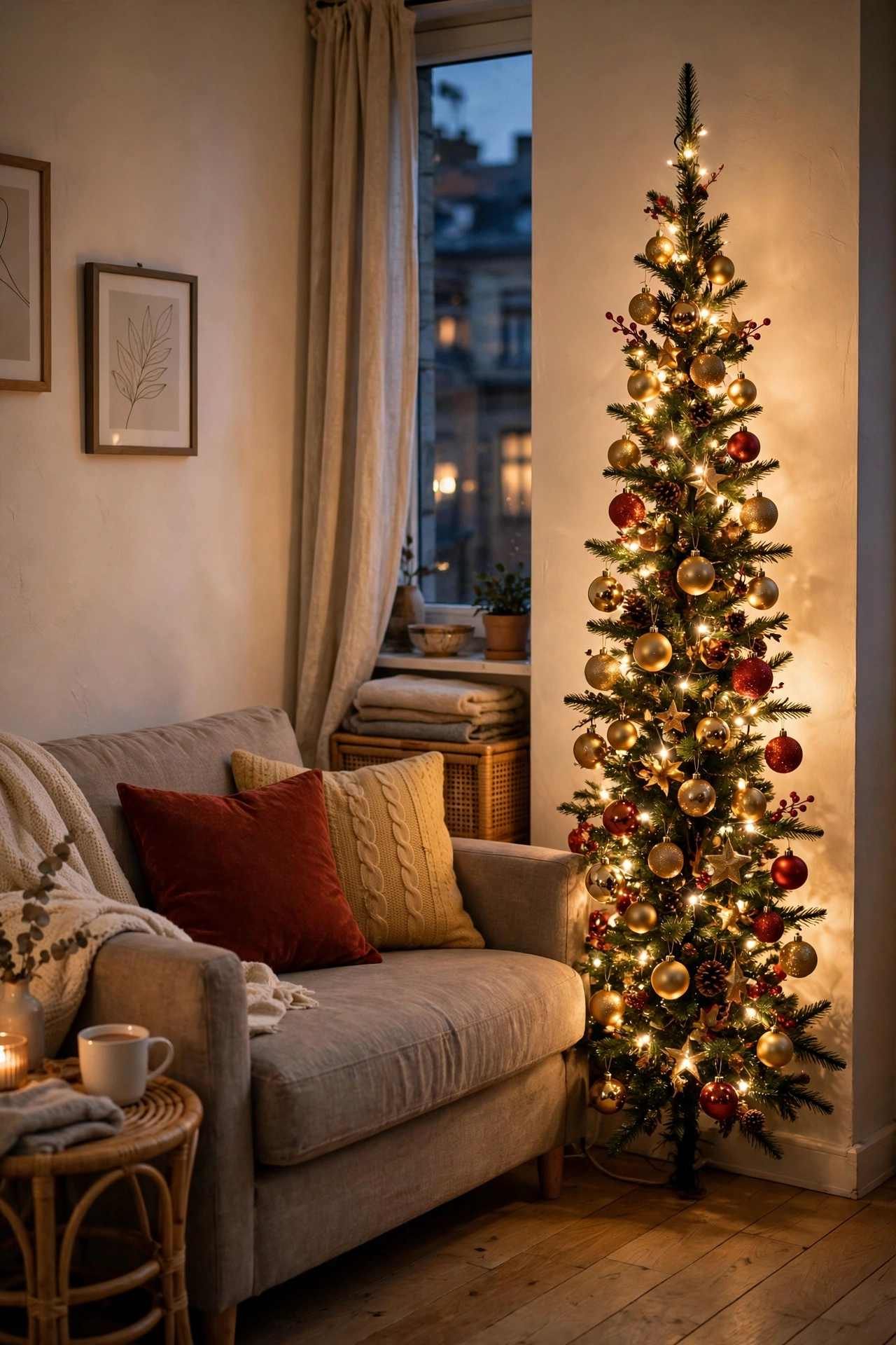Slim pencil Christmas tree in the corner of a small living room