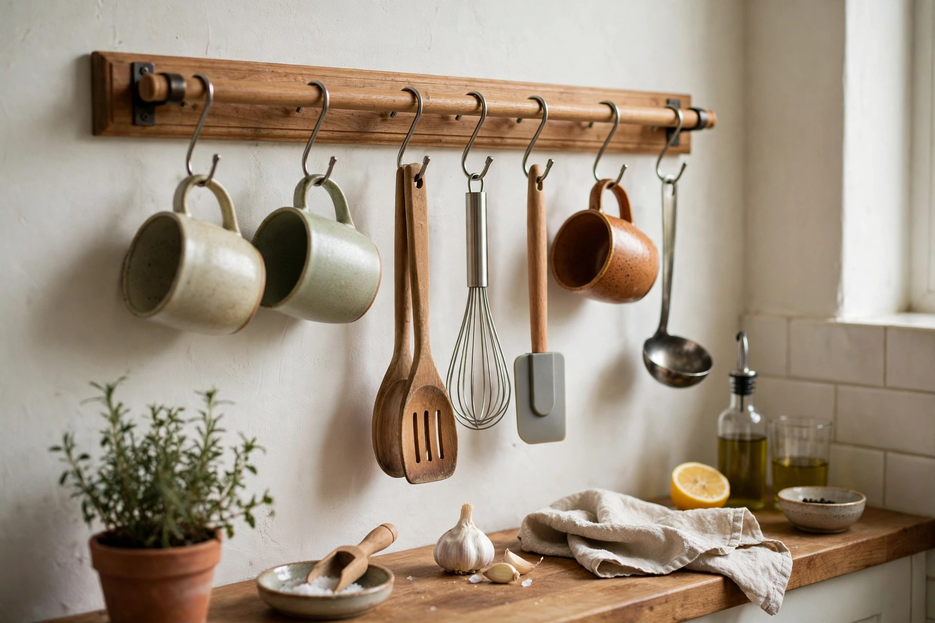 Hanging rail with utensils and mugs for small kitchen wall storage