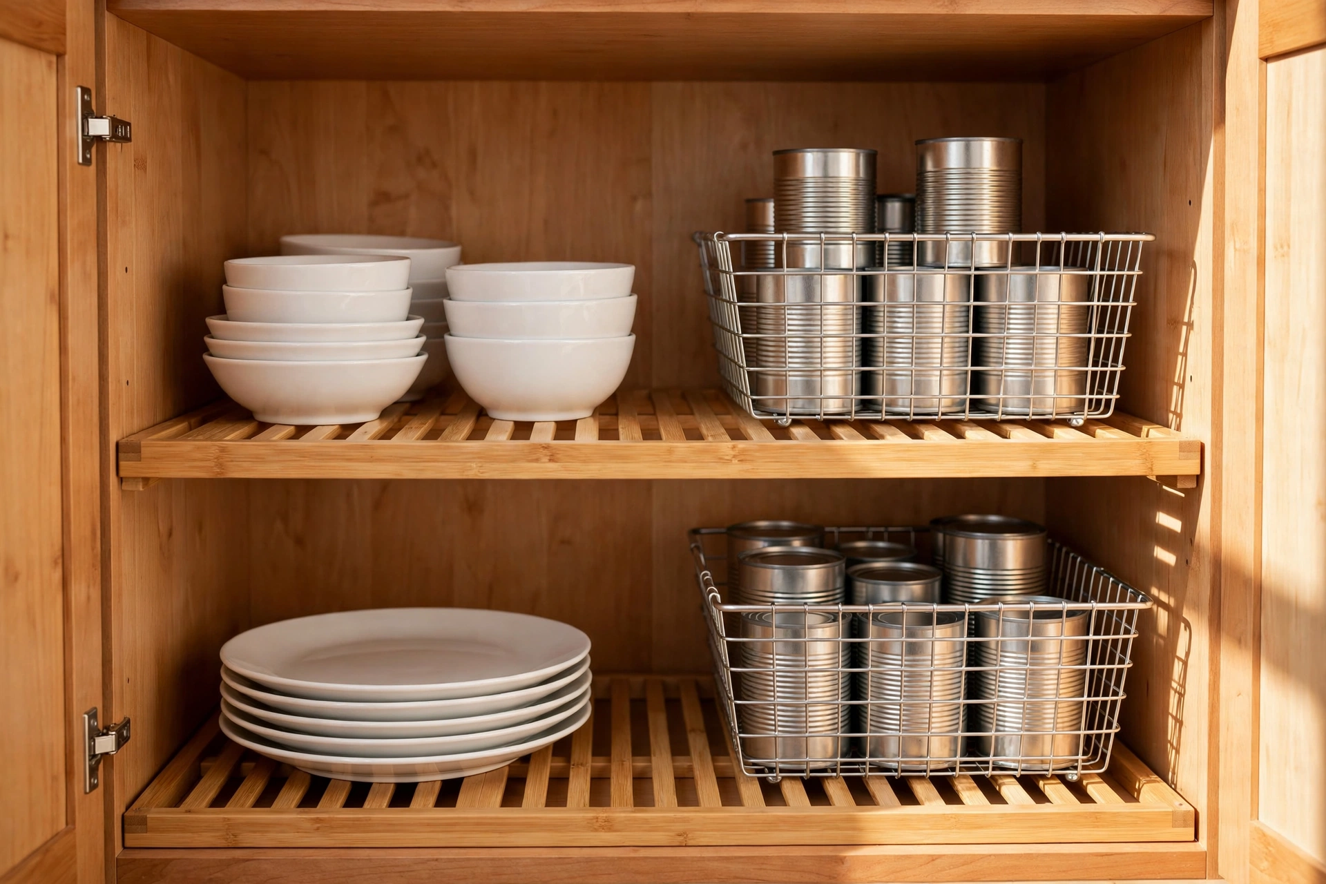 Cabinet shelf risers and stackable baskets doubling shelf space
