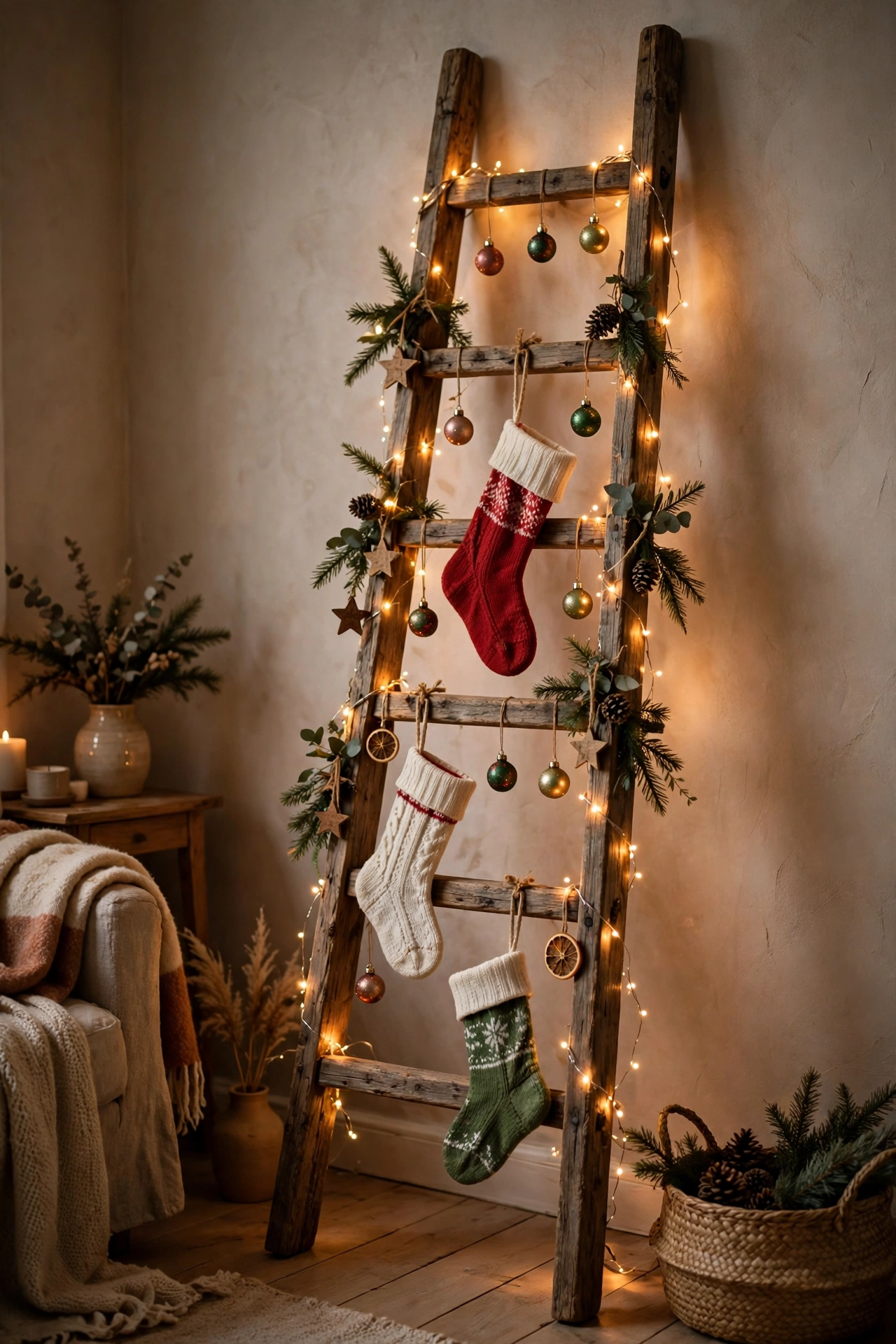 Decorated ladder used as a Christmas tree alternative