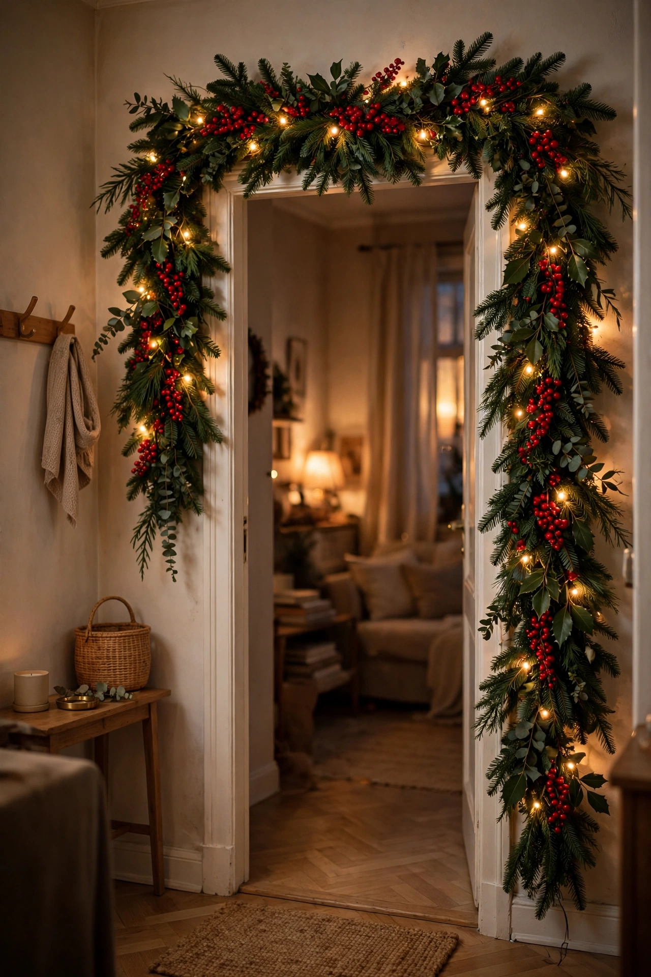 Christmas garland with lights around an apartment doorway
