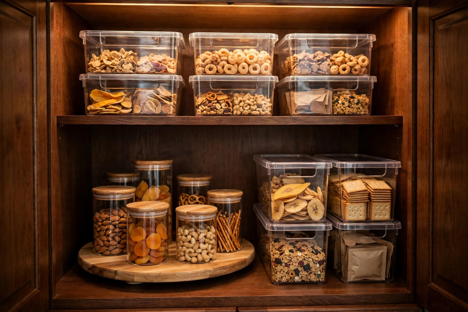 Lazy susan turntable and clear bins inside a deep kitchen cabinet