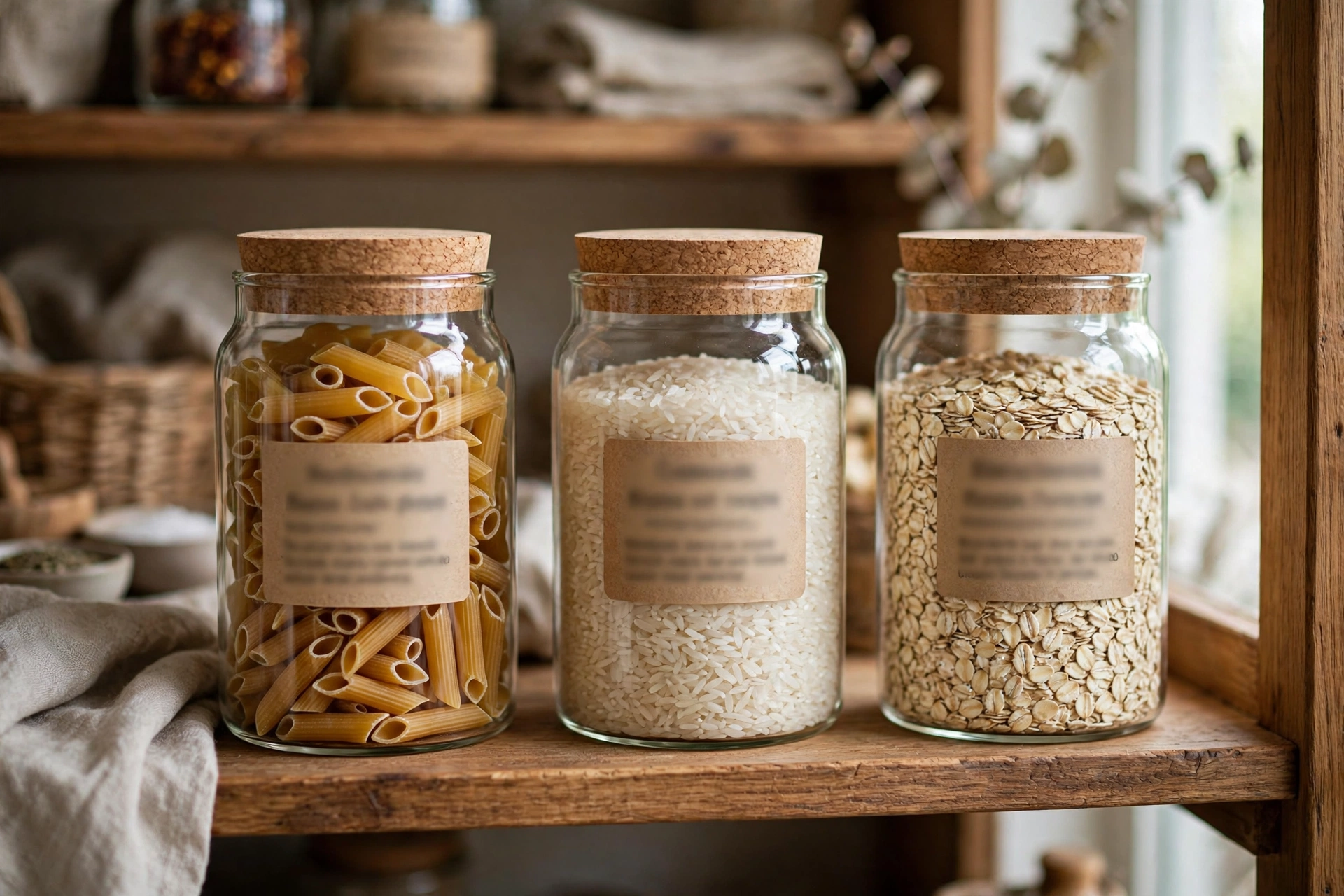 Matching glass jars with dry goods on an open kitchen shelf