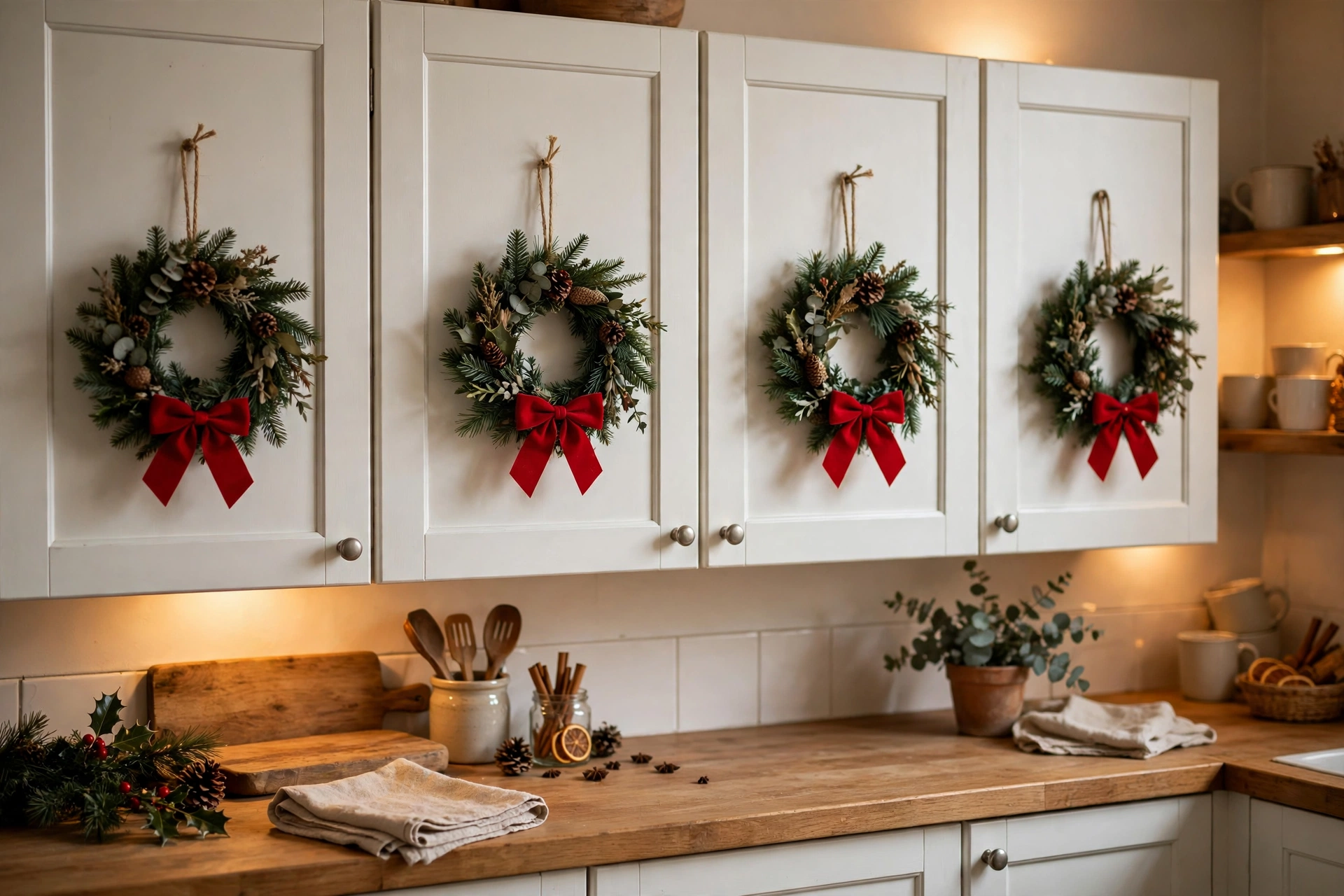 Mini Christmas wreaths with red bows on kitchen cabinet doors