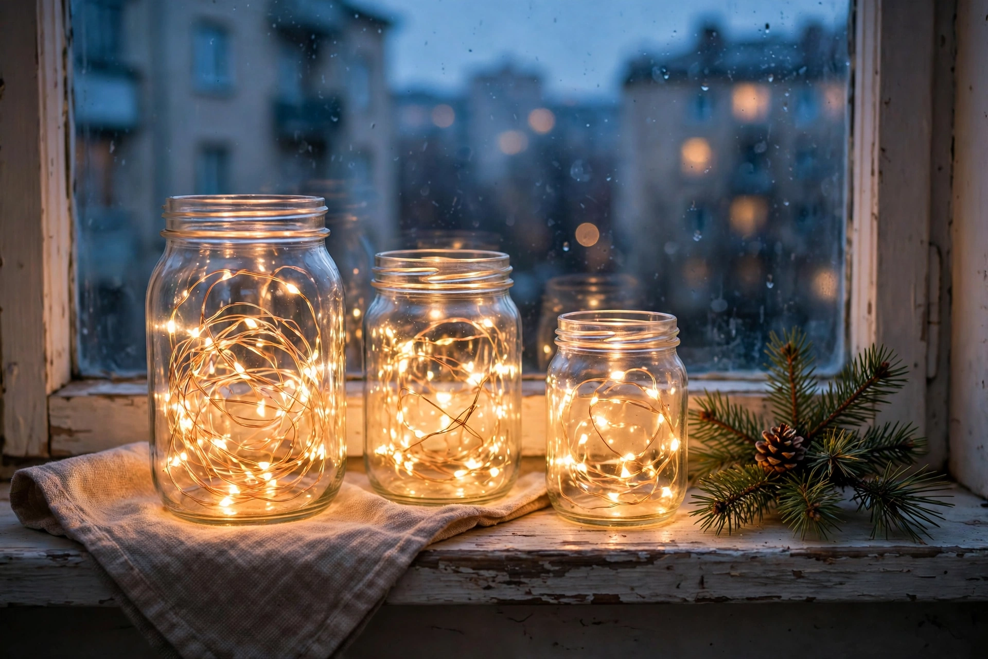 Fairy lights in glass jars on a windowsill for cozy Christmas decor