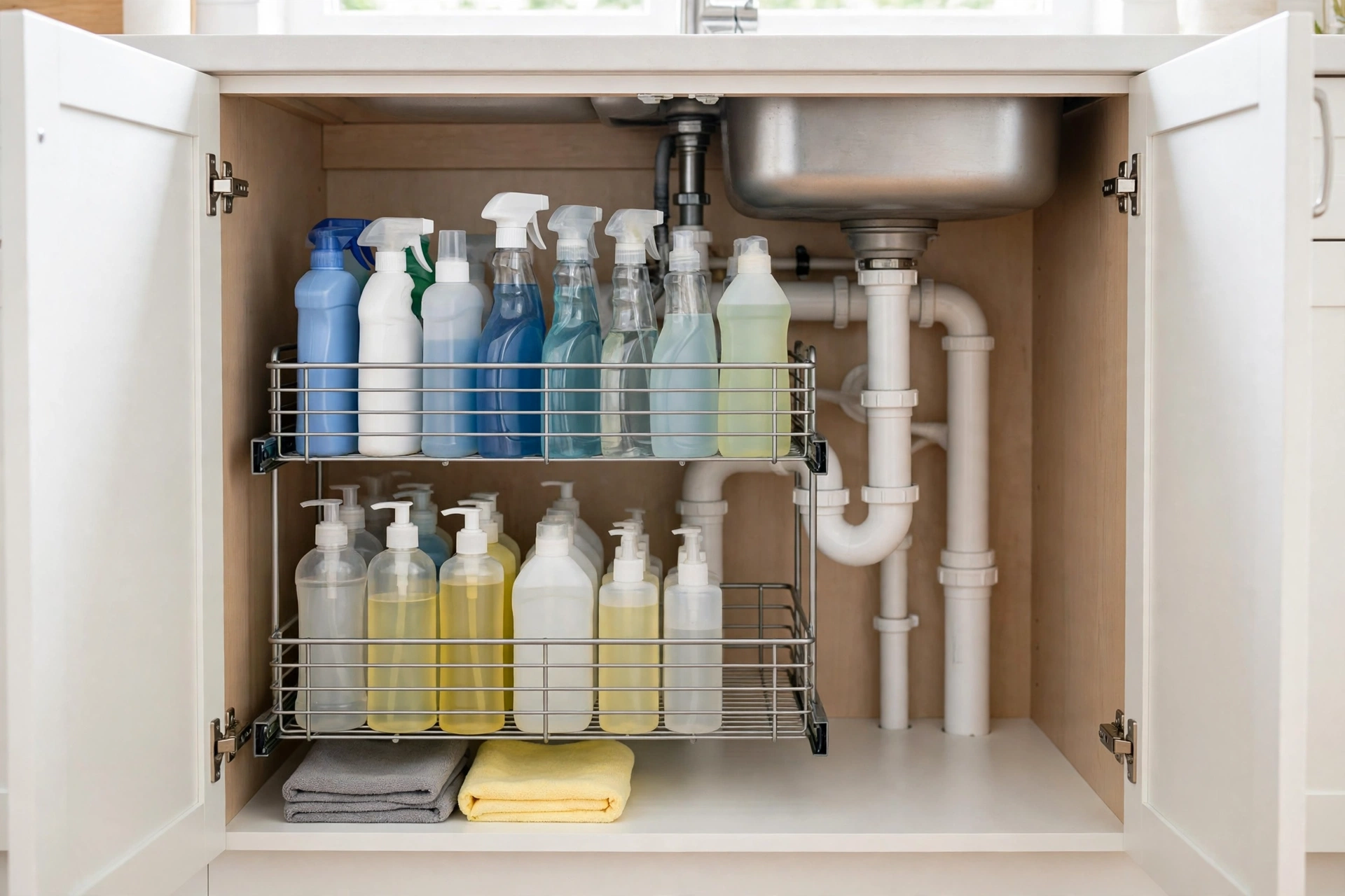 Under-sink organizer with sliding baskets around the pipes