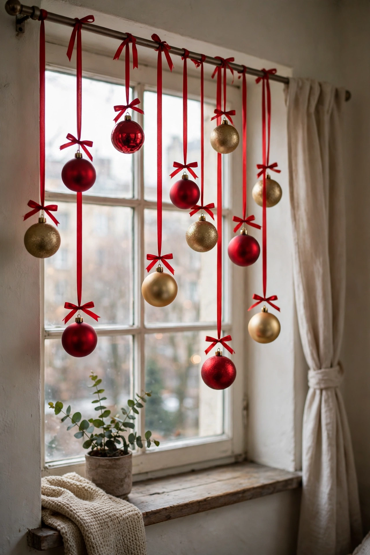 Christmas ornaments hanging from a curtain rod on ribbons