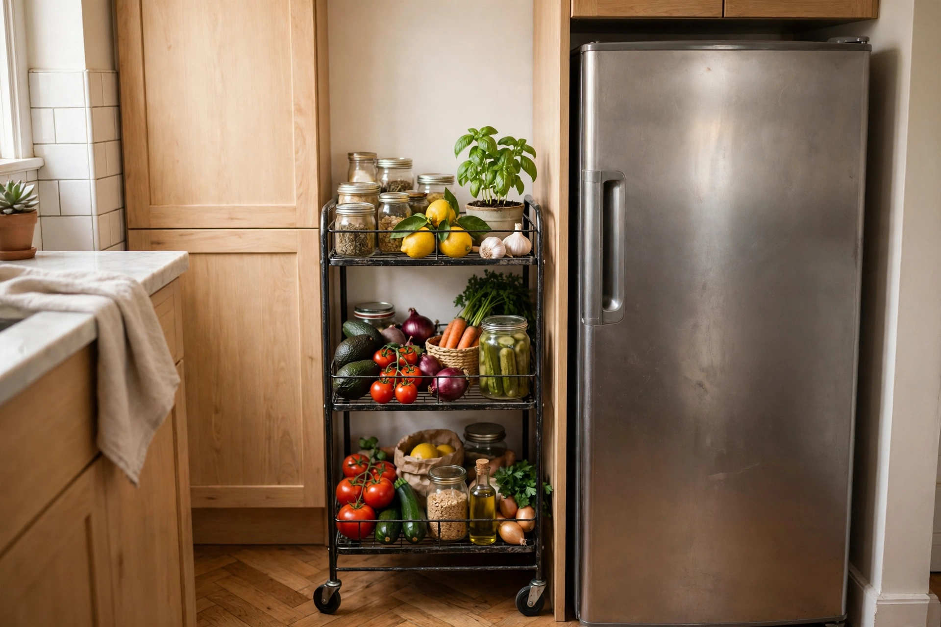 Slim rolling cart in the gap beside the fridge for extra storage