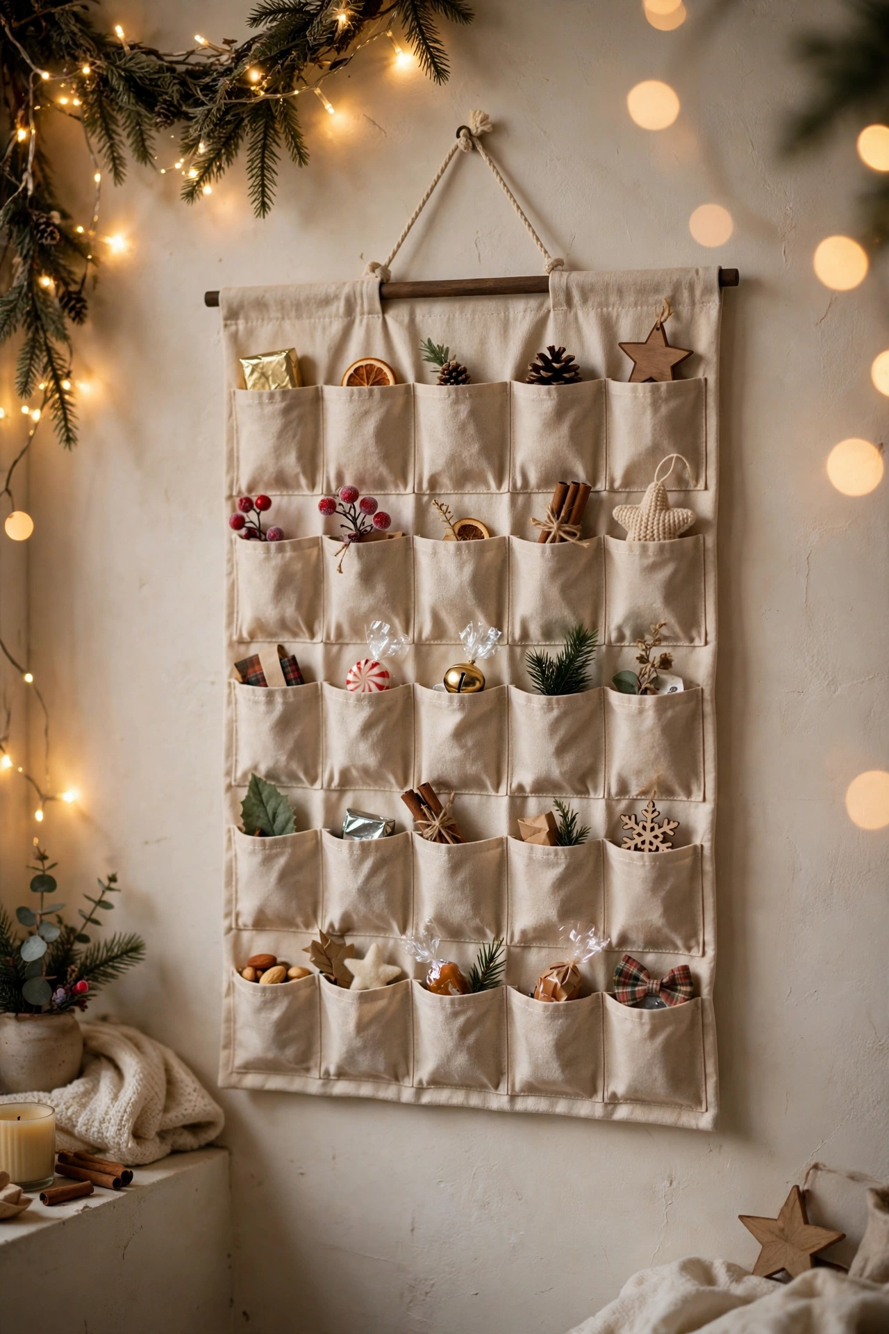 Fabric pocket advent calendar hanging on a small apartment wall