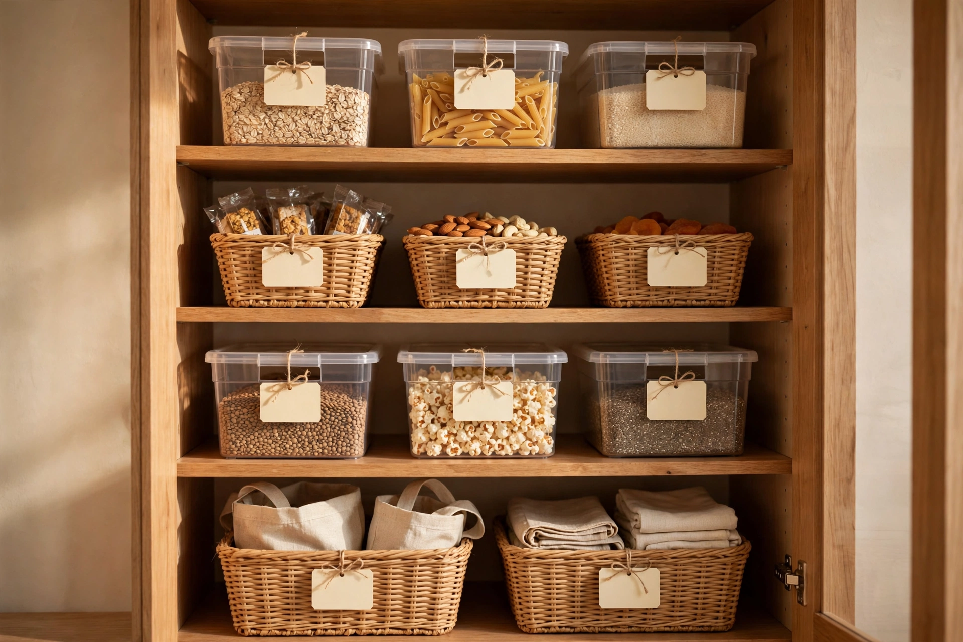 Labeled bins and baskets on pantry cabinet shelves