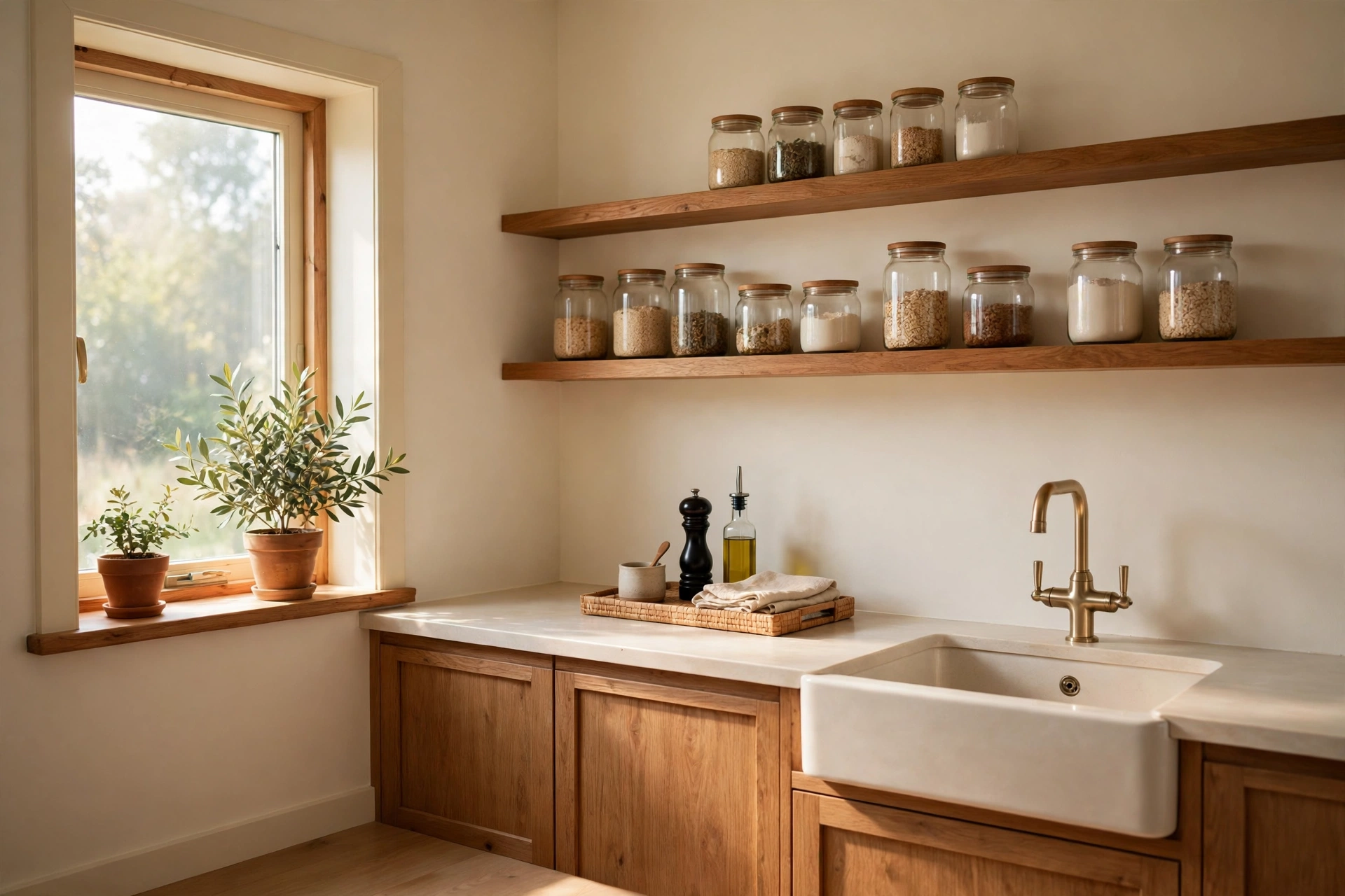 Calm and tidy small kitchen with clear countertops in morning light