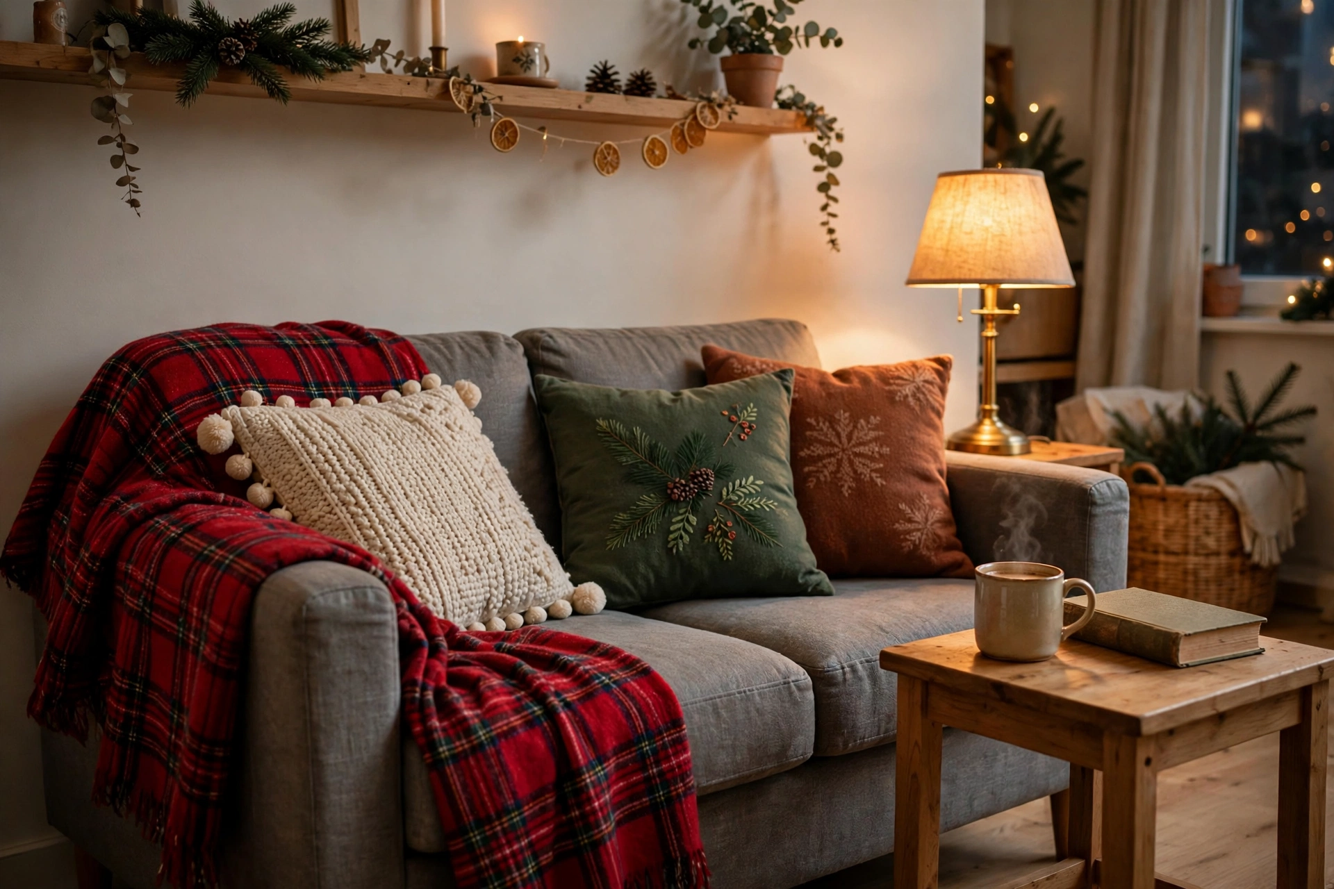 Plaid throw and holiday cushions on a small apartment sofa