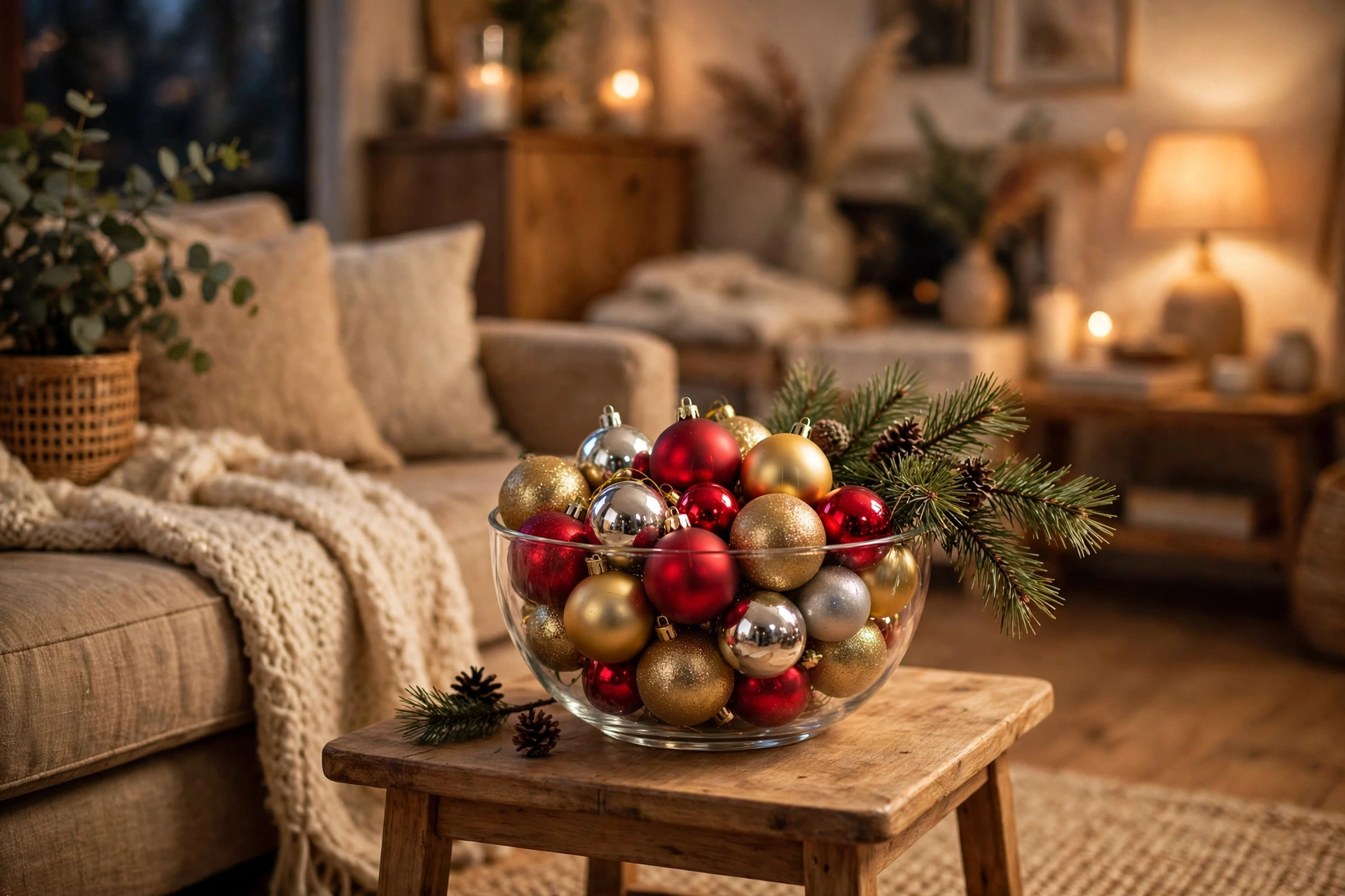 Bowl of Christmas ornaments as a coffee table centerpiece