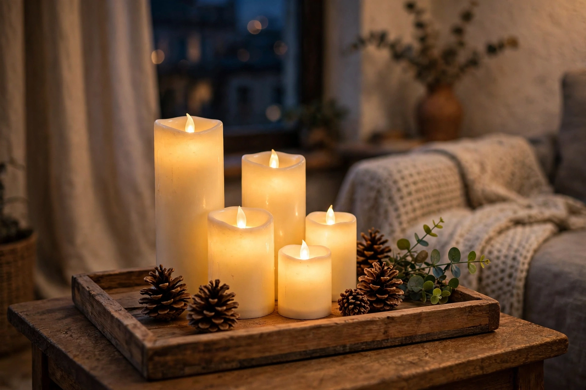 LED candle cluster with pinecones on a wooden tray