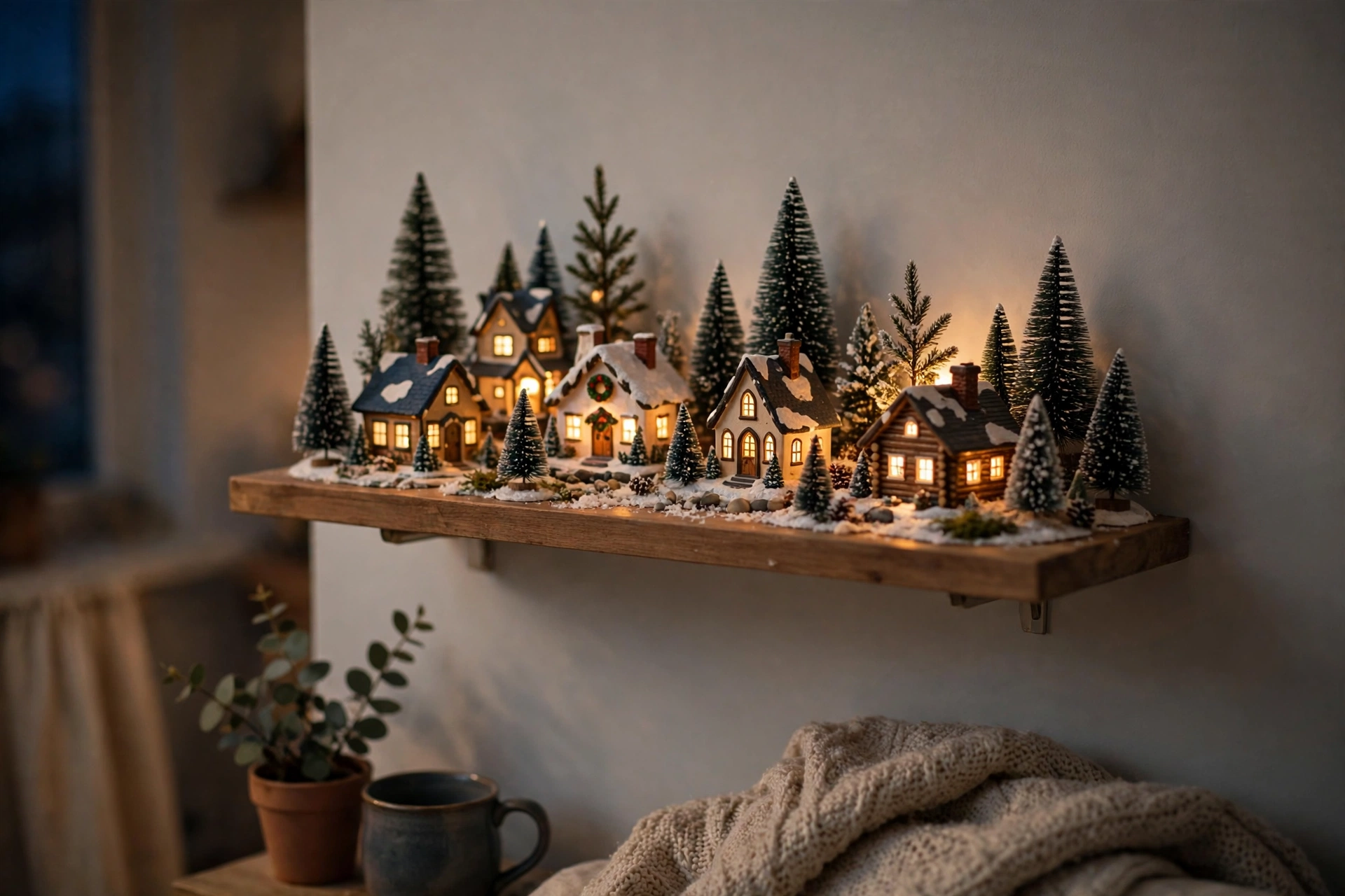 Miniature Christmas village on a floating shelf
