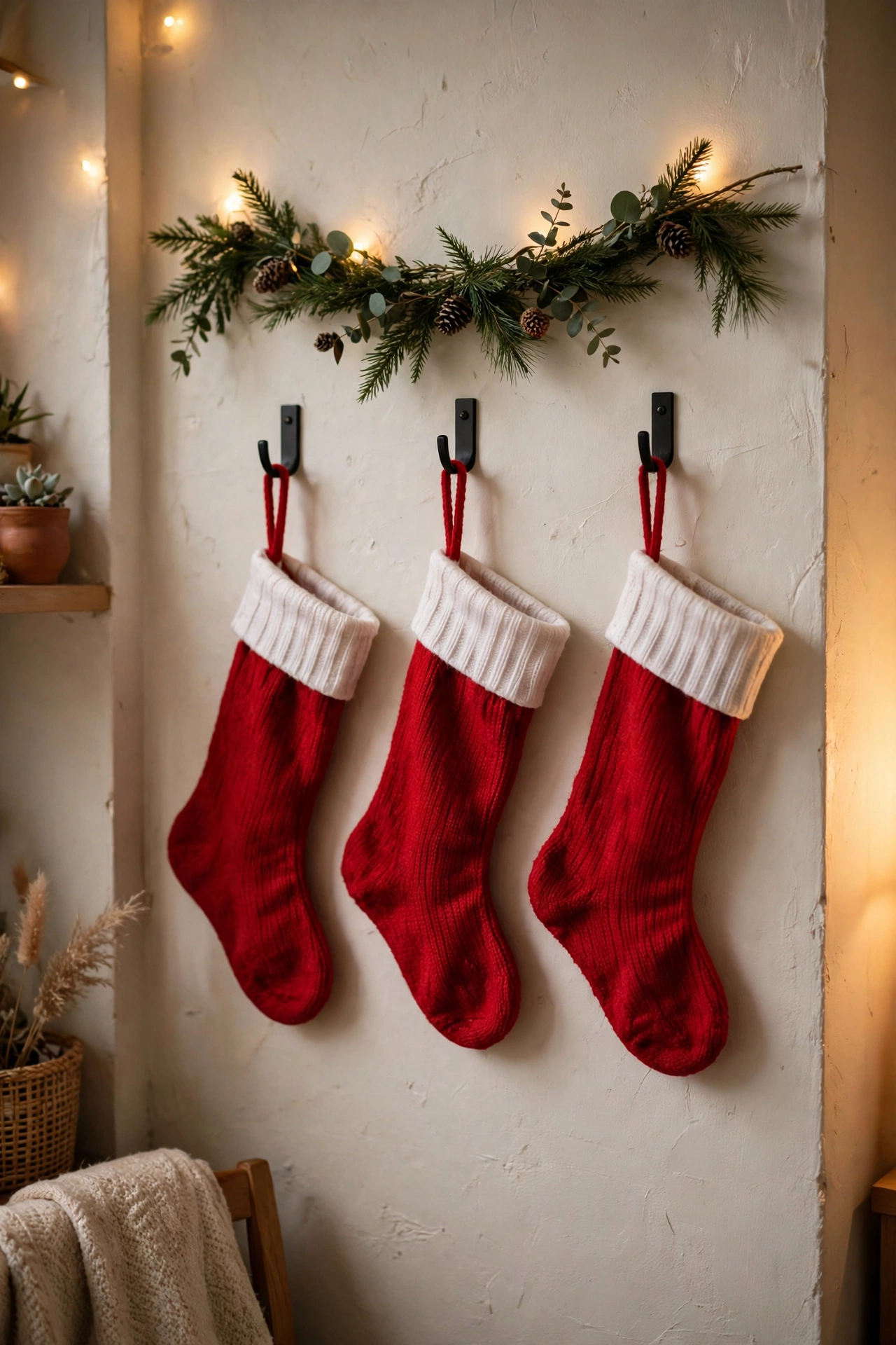 Christmas stockings on wall hooks without a fireplace
