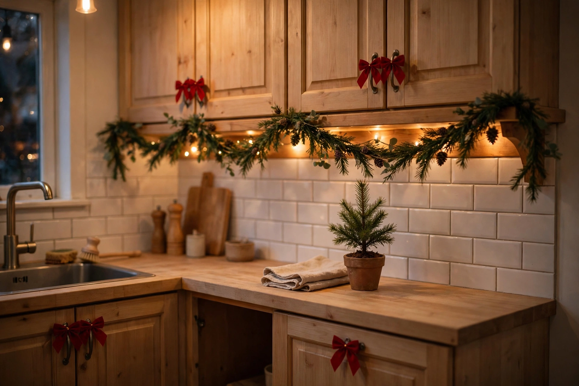 Small kitchen decorated with red bows and a mini garland for Christmas