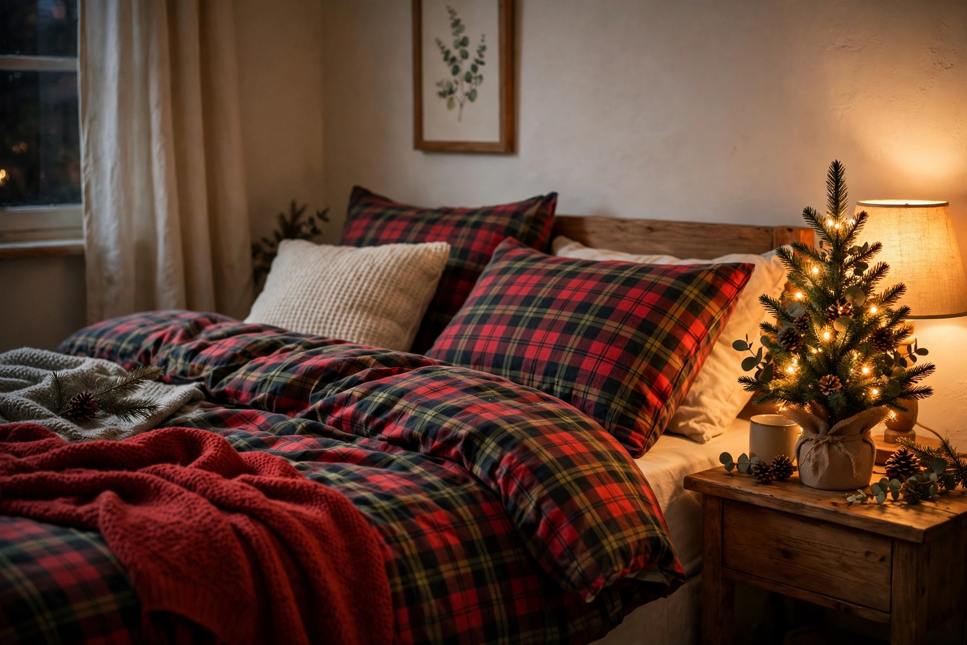 Cozy Christmas bedroom with a mini tree on the nightstand