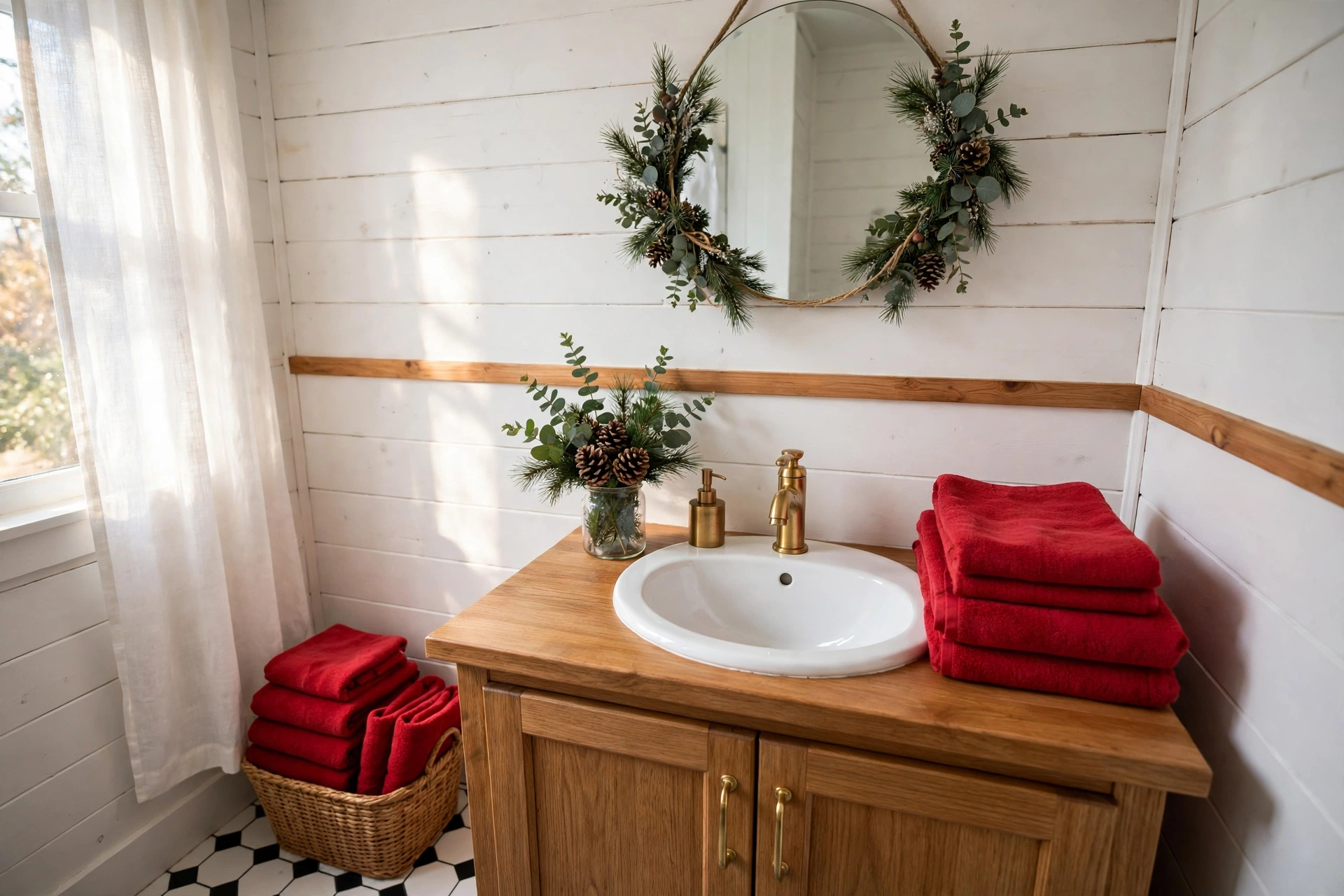 Small bathroom with red towels and greenery for Christmas