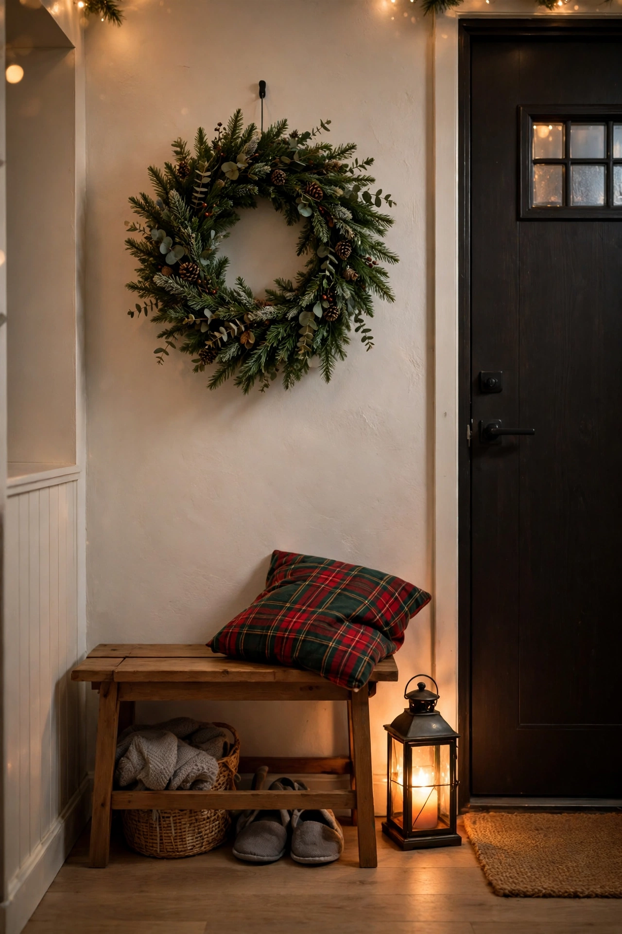 Small entryway with a Christmas wreath and glowing lantern