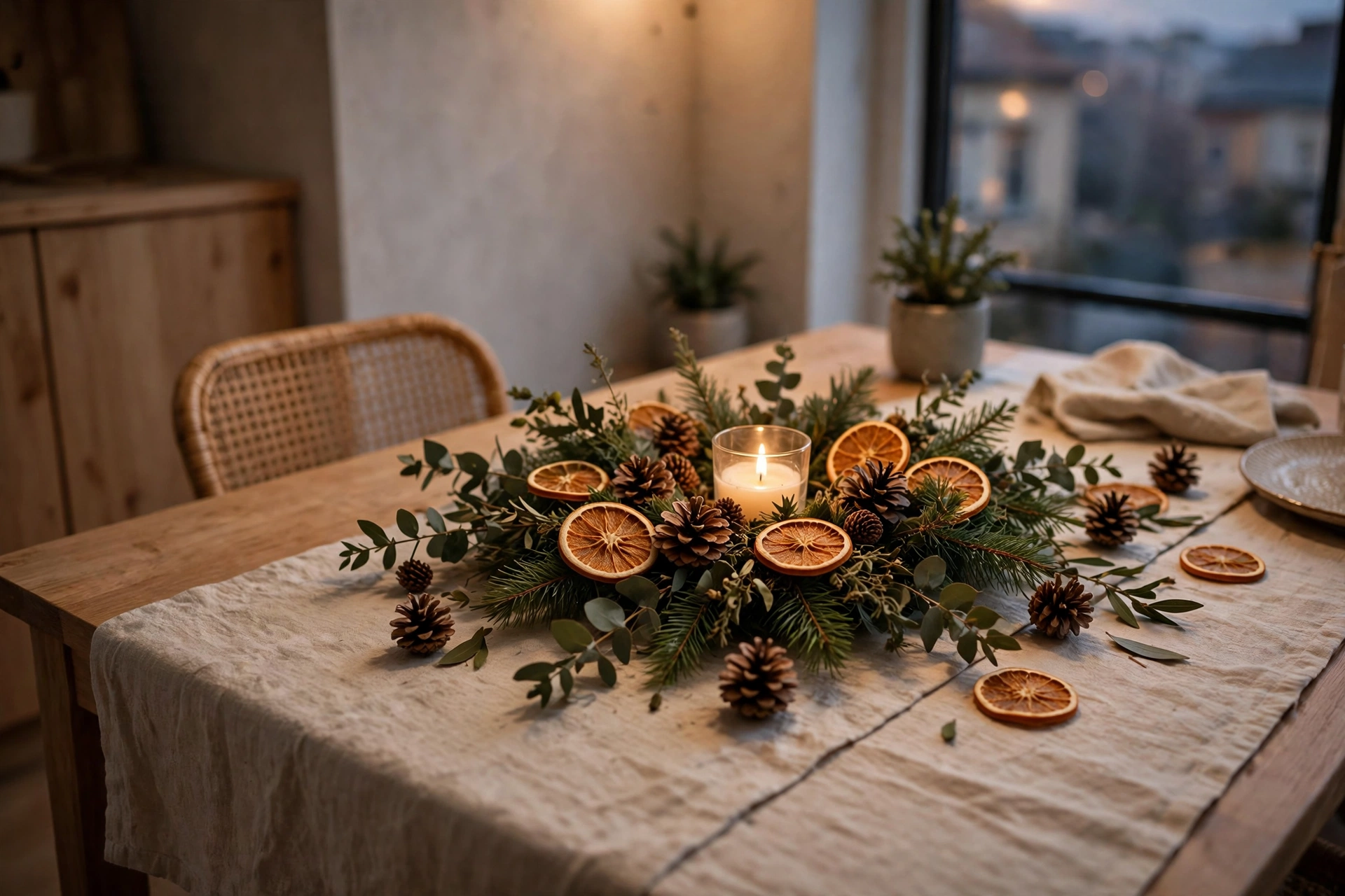 Pinecone and dried orange Christmas centerpiece on a dining table