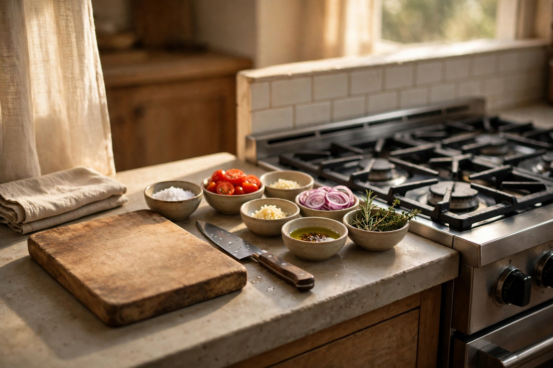 Kitchen prep zone with cutting board station in a small kitchen