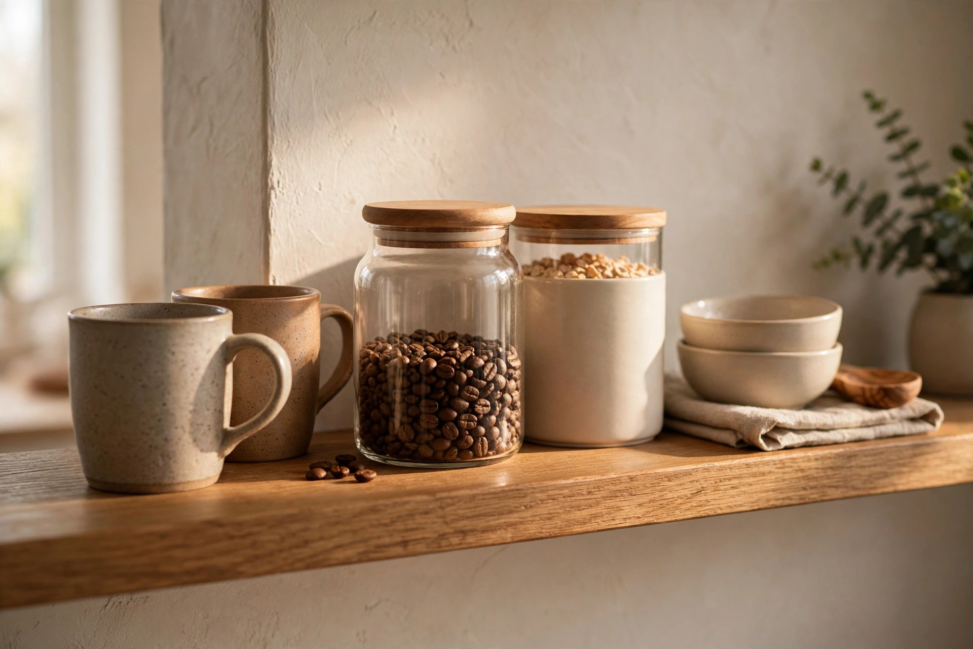 Daily essentials stored at eye level on a kitchen shelf