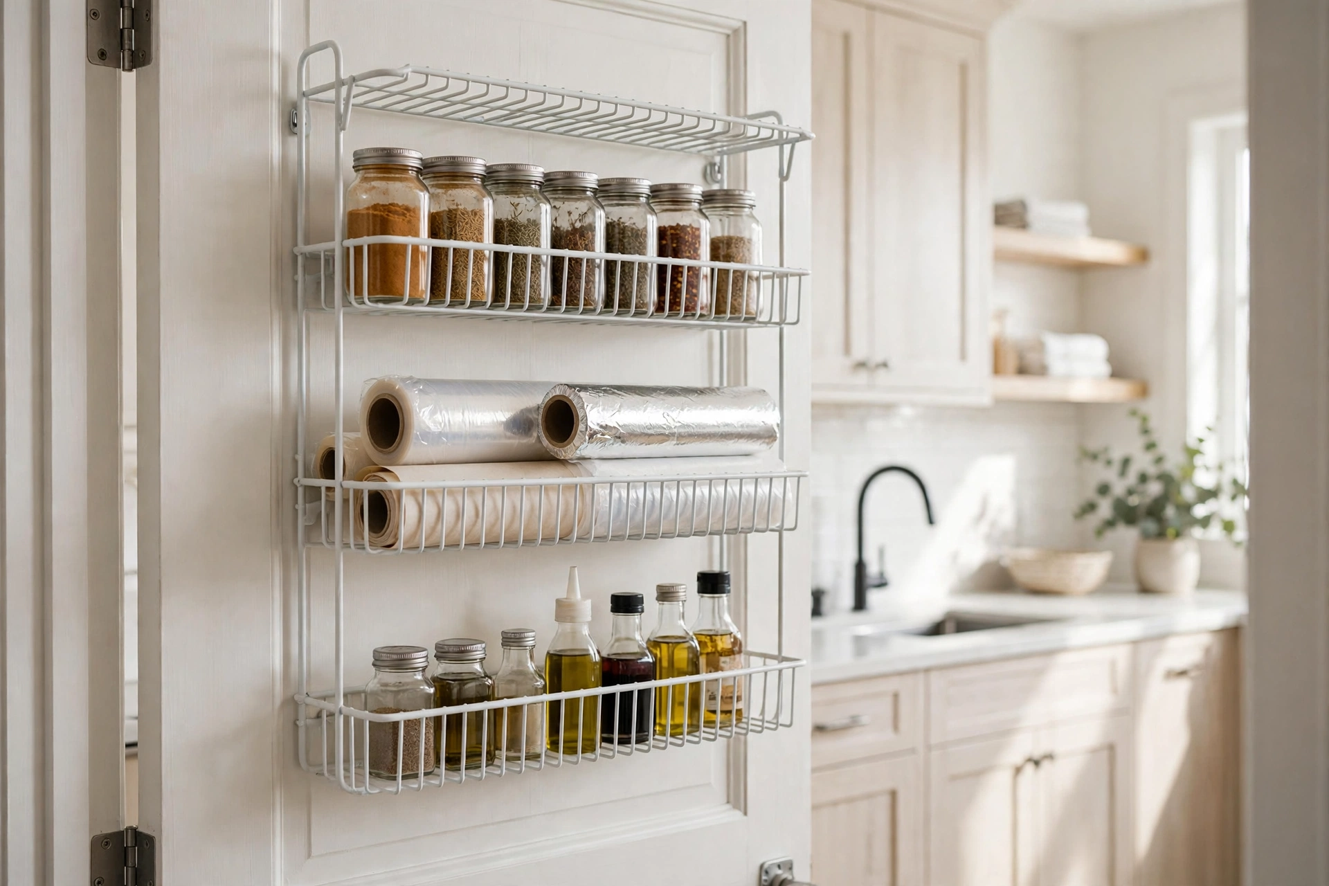 Over-the-door pantry rack with spices and wraps