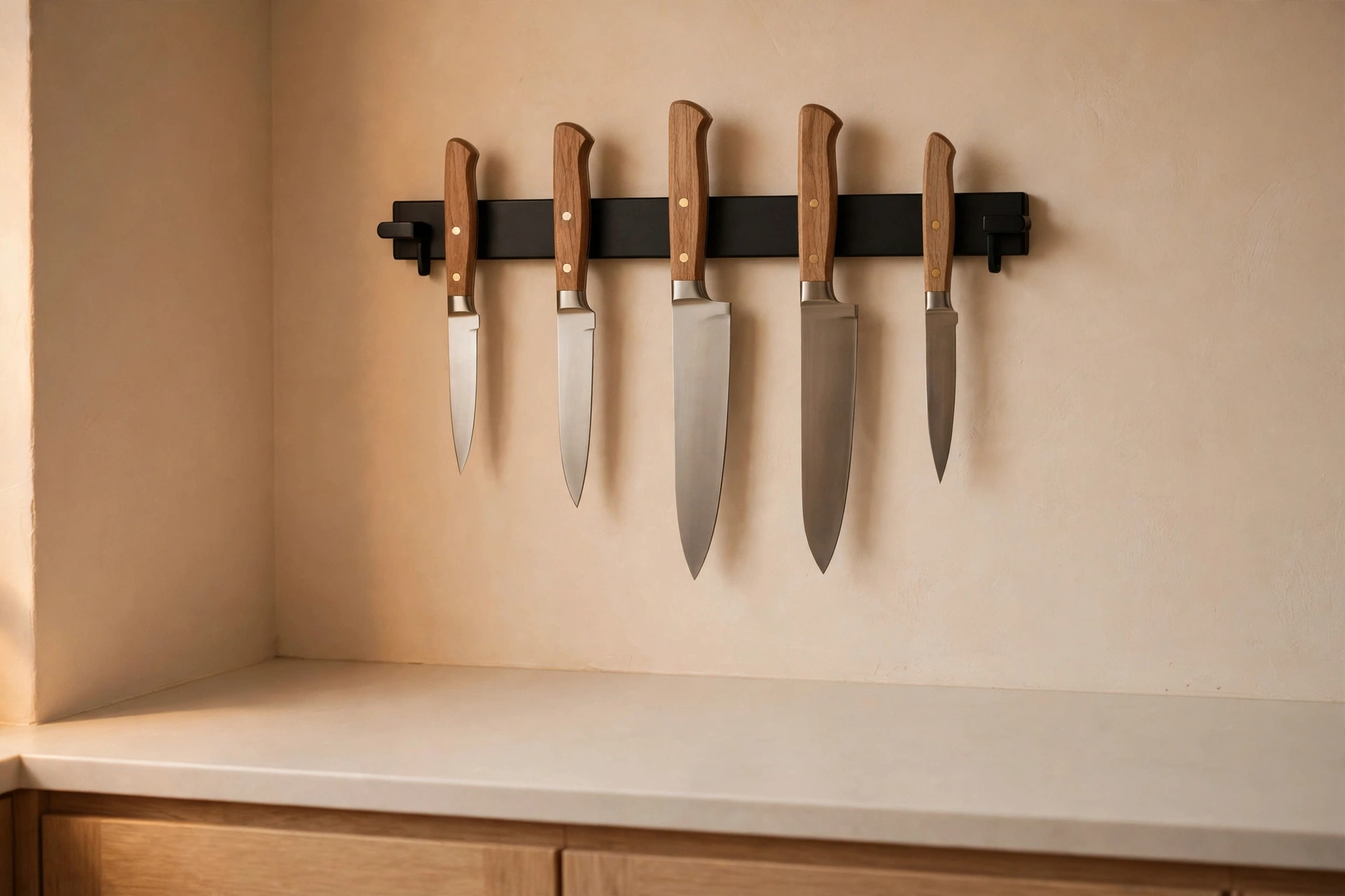 Magnetic knife strip saving counter space in a small kitchen