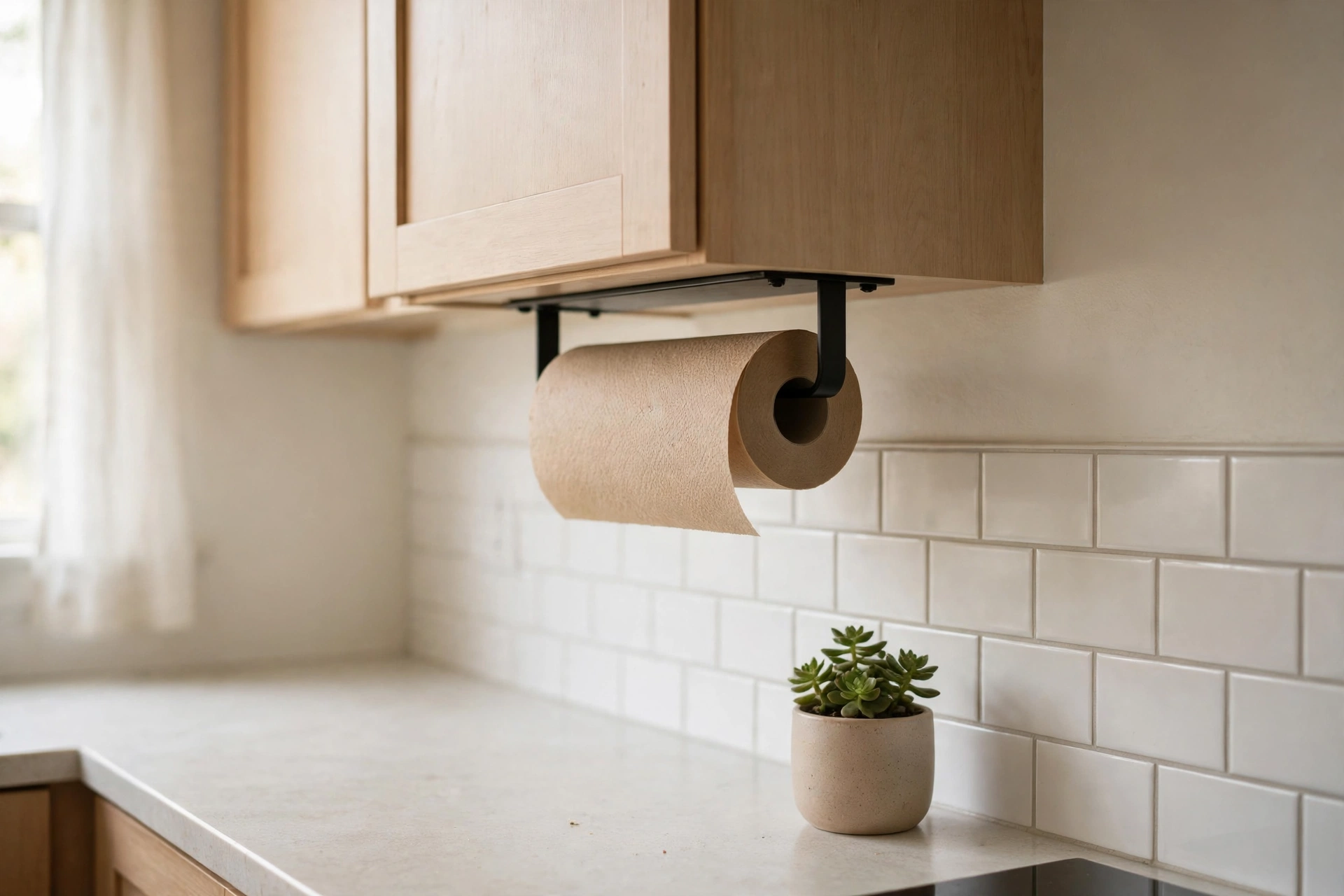 Under-cabinet paper towel holder freeing counter space
