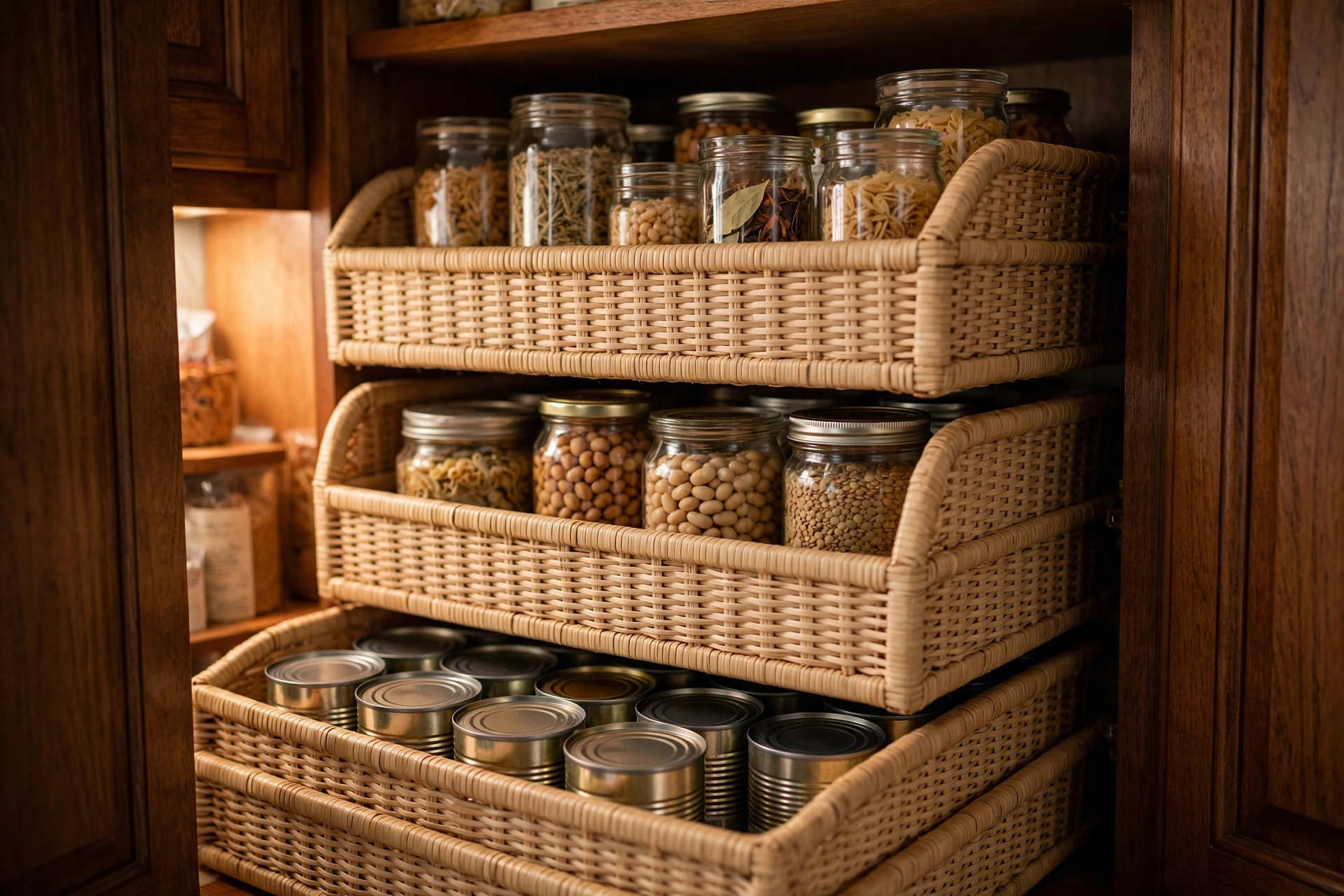 Stackable shelf baskets using tall cabinet space