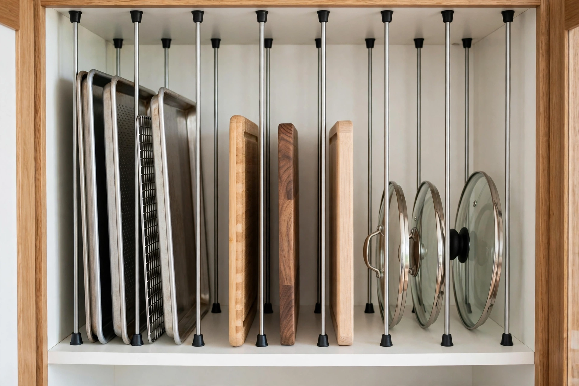 Tension rods as dividers for trays, boards and lids