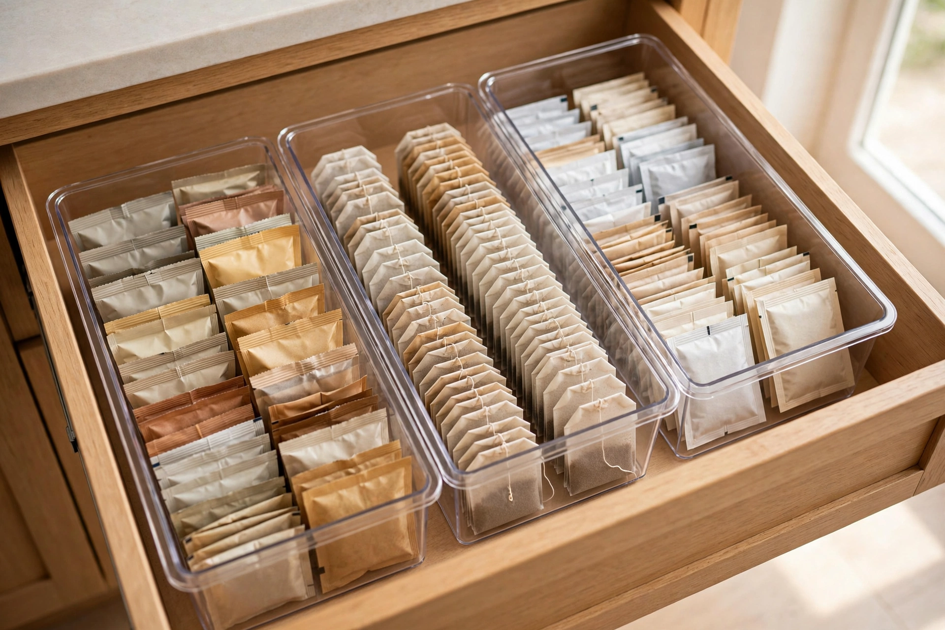 Clear bins organizing snacks in a kitchen drawer