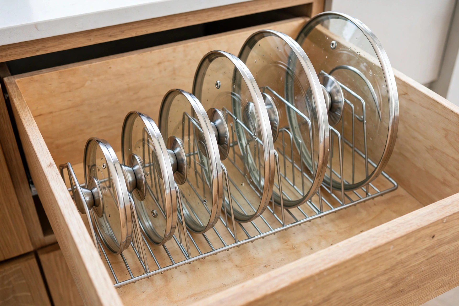 Pot lid organizer rack inside a kitchen drawer