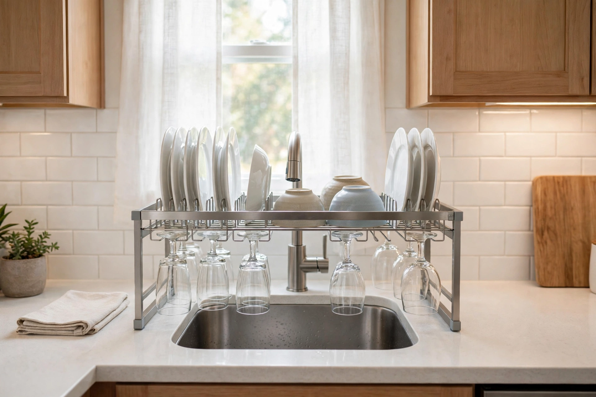 Over-the-sink dish rack saving counter space