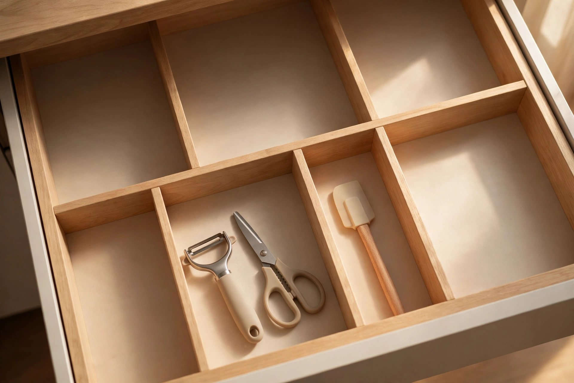 Minimal gadget drawer with dividers and breathing space