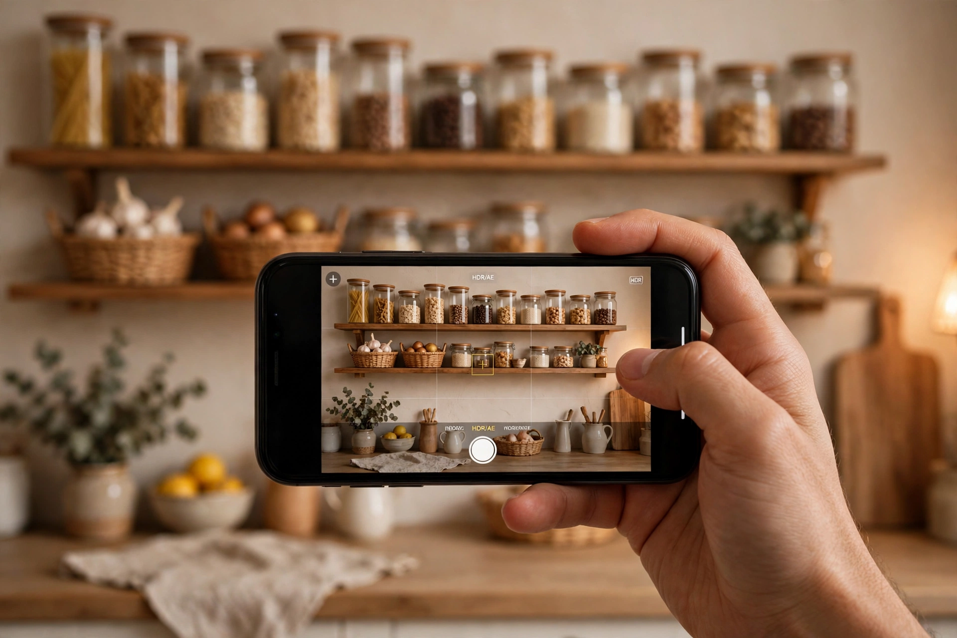 Photographing tidy kitchen shelves to keep the standard