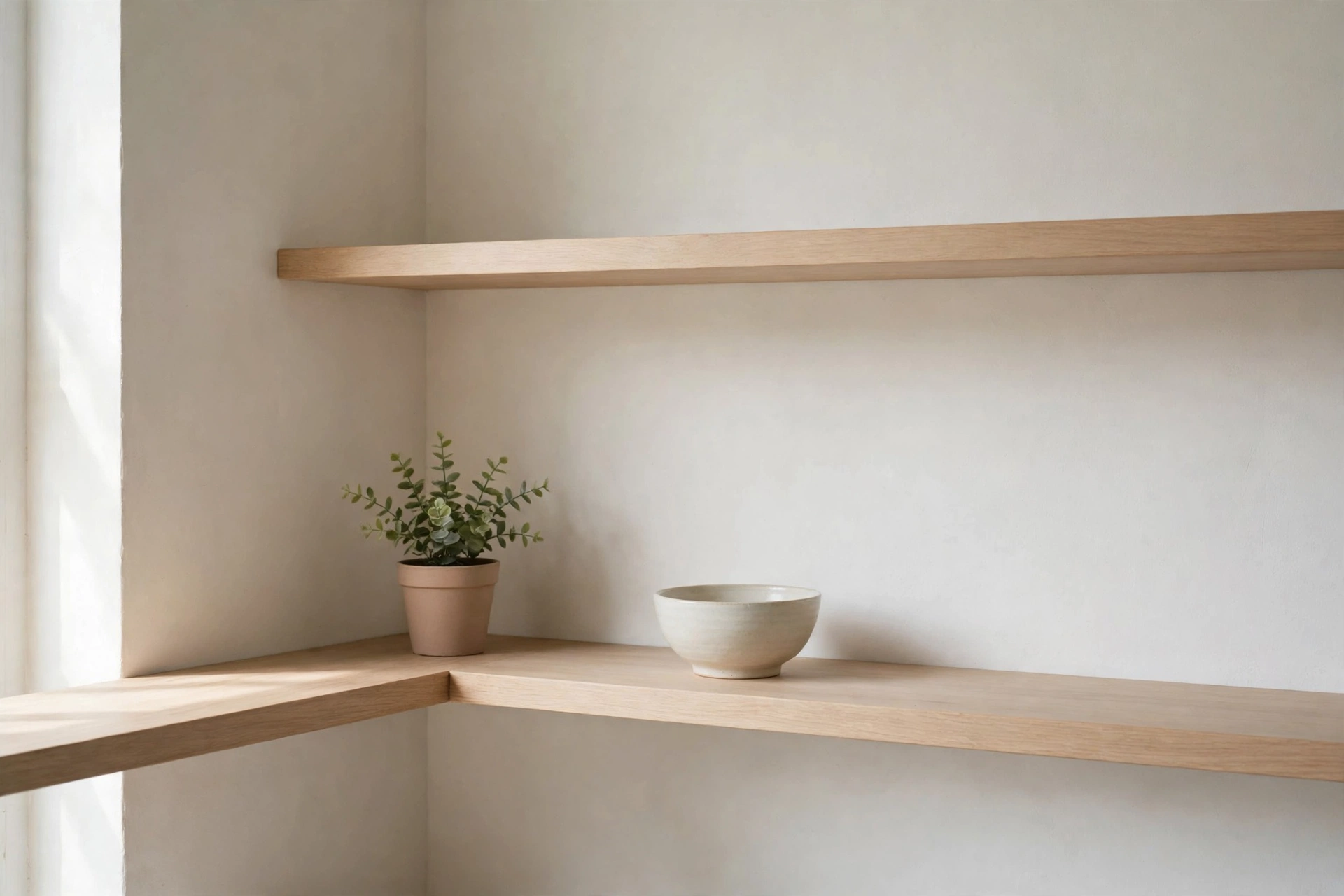 Empty shelf corner left as breathing space in a tidy kitchen